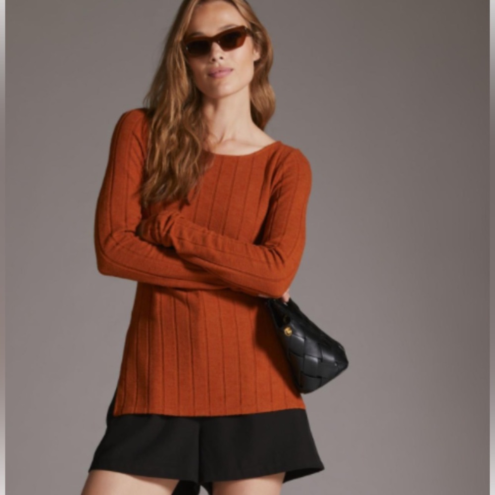 Anthropologie Ribbed Knit Side Slit Long Sleeve Tunic M Burnt Orange NWOT